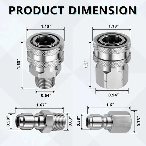 Three Eighths Inch Stainless Steel Quick Connect Kit For Pressure Washers, Four Piece NPT Adapter Set dimensions