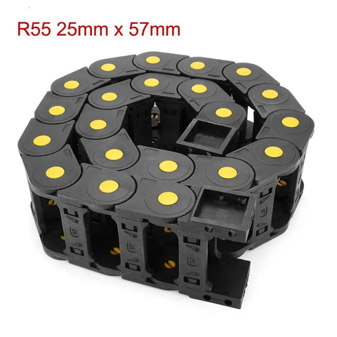 R55 25mm By 57mm Open Type Plastic Cable Drag Chain Carrier For Wires 1 Meter Length CNC Black, coiled view