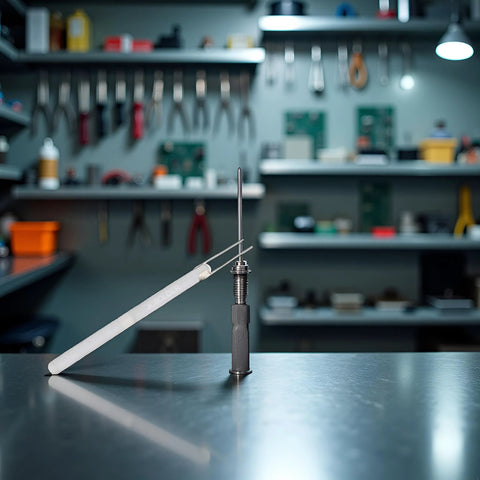 Soldering iron with adjustable-temperature ceramic heater and fine metal tip on a workbench