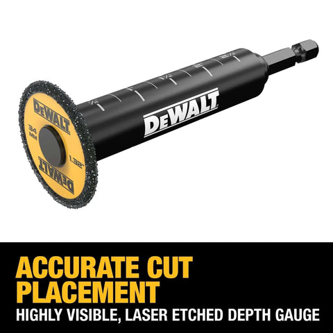 Impact Connect Pipe Cutter for PVC with Diamond Grit Wheel, close-up of laser etched depth gauge and attachment.