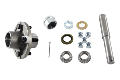 Trailer Axle Kit Set Of 2 With 4 On 4 Bolt Idler 1 Inch Hub Round BT8 Spindle For Standard Length Spindles Not Short Spindles Each Hub Rated 1250 Lb 2000 Lb Total Capacity Heavy Duty Build Easy Install Great For Trailer Upgrades And Repairs components displayed.