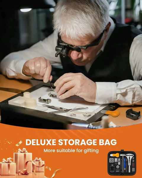 Person using Pro 154 Piece Watch Repair Kit With Link Remover Battery Replacement Tool, tools displayed in storage bag.