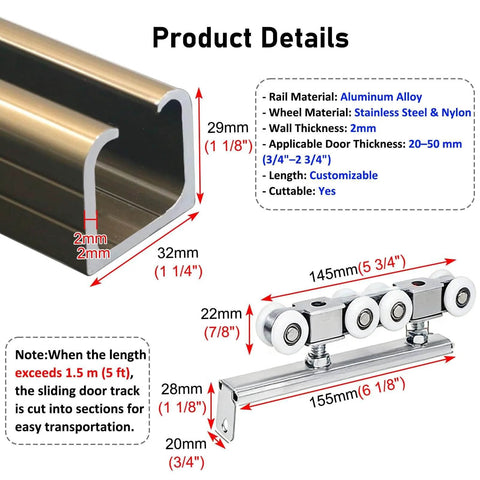 Outdoor Sliding Door Rail Kit For Pocket Doors, Ceiling Mount Box Track Hardware With Ultra Quiet Silent Wheels