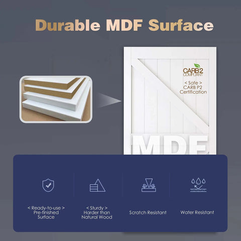 Double Barn Doors 36X84 With 6.6ft Hardware Kit Built Tough Pre Finished Surface Pre Drilled Holes For Easy Assembly Solid MDF Core Wrapped In Water Resistant PVC K Frame White Finish diagram showing MDF layers and certifications