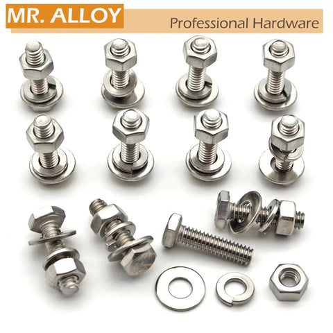 Durable 1/4-20 hex bolt kit with nuts, flat washers and lock washers in premium 304 stainless steel for rust resistance