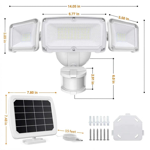 Solar Powered Motion Sensor Outdoor Light With 1600 Lumen White Flood Beams IP65, three adjustable heads, solar panel, and mounting kit