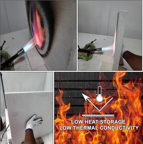 Ceramic fiber insulation board being heated by a torch against a white surface
Side view of ceramic fiber insulation board with blue flame from a handheld torch
Gloved hand installs ceramic fiber insulation board into a white frame gap
Fire graphic with thermometer and the text low heat storage, low thermal conductivity