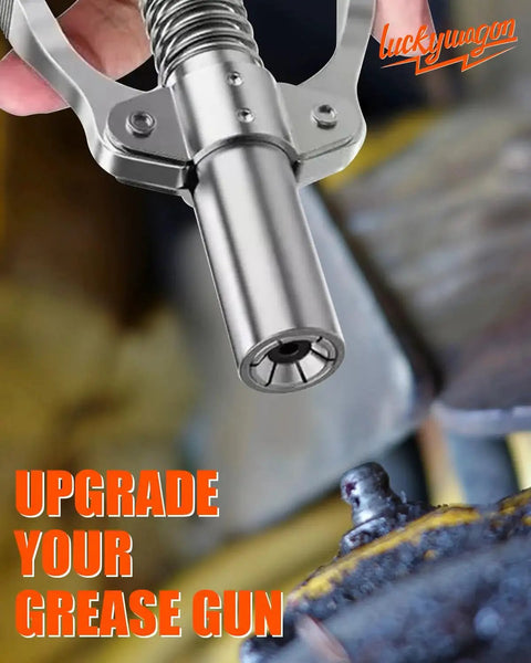 Heavy Duty Grease Gun Coupler With Six Jaw Locking Seal And Quick Release For Ten Thousand PSI High Pressure shown in use