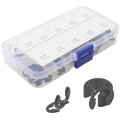 Clear plastic case with Must Have E Clip Kit 120Pcs External Circlips Snap Rings Set 1.5mm To 10mm with labeled compartments
