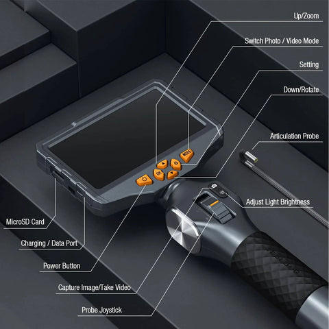 Two Way Articulating Borescope With Light For Auto Maintenance And Diagnostics, 5 inch IPS screen with labeled controls overview.