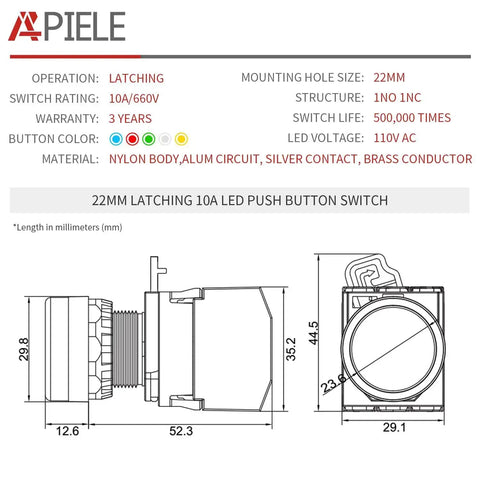 Technical diagram of 22mm Latching Push Button Switch With Green LED Metal Head Plastic Body 110V AC DC 1NO 1NC DPST Self Locking 10A 6 Terminal Panel Mount 22mm Cutout Built Tough.