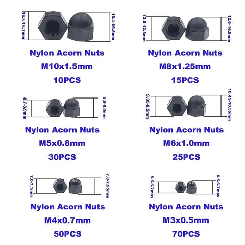 Nylon Acorn Hex Cap Nuts Assortment Kit In Metric Sizes M3 M4 M5 M6 M8 M10 Black Finish, labeled with quantity and dimensions