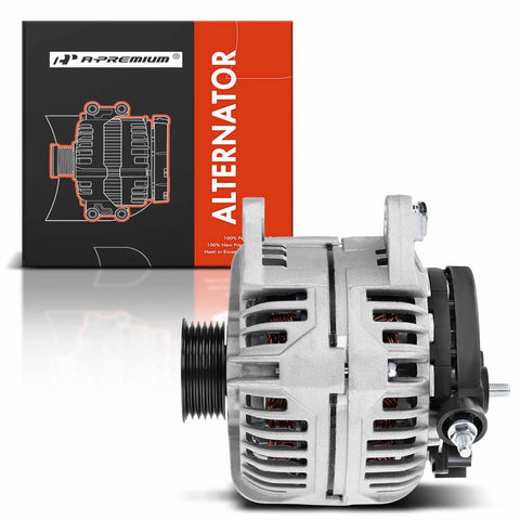 Front view of Alternator 12V 132Amp Replacement For Ram 1500 Durango And Jeep Grand Cherokee 1999 Through 2006 with box