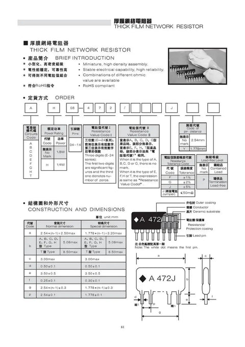 Thick film network resistor assortment kit with SIP-5/SIP-9 bussed resistors, 1/8W, 470Ω–47kΩ.