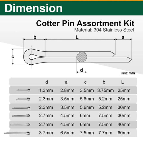 100 Piece Cotter Pins Assortment Kit Stainless Steel 304 Split Pins Set size chart for mechanical needs