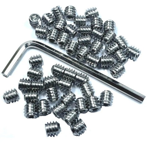 Premium 50 Piece 304 Stainless Steel Hex Socket Set Screws One Quarter By Twenty Thread One Quarter Inch Long With Allen Head Includes One Eighth Inch Wrench A True Workhorse For Grub Screws And Machinery visible with included wrench