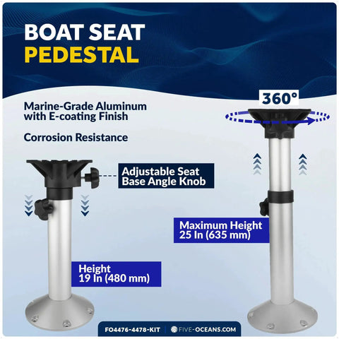 Five Oceans boat seat pedestal kit in packaging; marine-grade aluminum pedestal with 360° swivel and 19–25 in height.