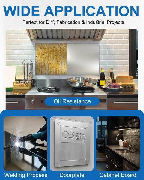 Stainless Steel Sheet 12 Inch Square One Sixteenth Inch Thick 304 Stainless Steel Brushed Silver Plate displayed in installation use for kitchen.