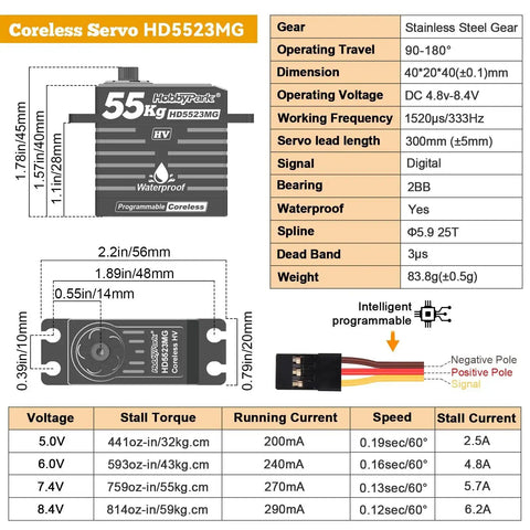Specifications and dimensions of Beefy Waterproof RC Servo With 55Kg Torque Coreless Motor And Metal Gear Digital Servo In Rugged Aluminum CNC Case