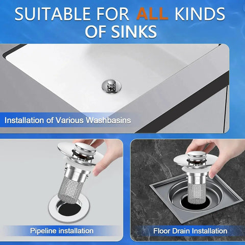 Two Pack Pop Up Sink Drain Hair Catcher With Removable Stainless Strainer Basket installed in various sinks.