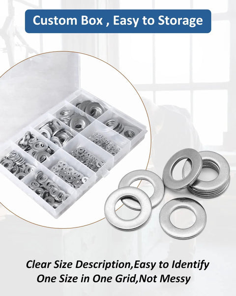 Flat washers, 8# 304 stainless steel, 7/16 in OD, 100 pcs in organizer box.