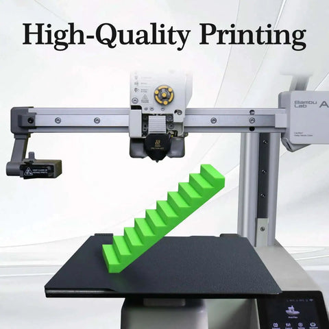 Two Pack 0.4mm Hotend Kit For A1 And A1 Mini 3D Printer in action, showcasing precision printing with green staircase model.