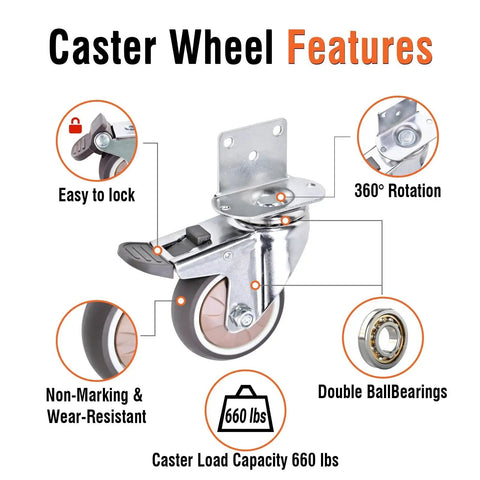 3 Inch Heavy Duty L Shape Side Mount Caster Wheels With Brake 4 Pack Ball Bearing Swivel Furniture Casters features