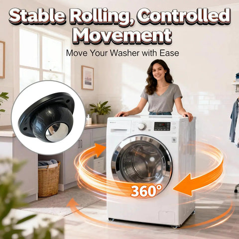 Black Stainless Steel Self Adhesive Caster Wheels 4 Pack Large Profile Swivel Ball Casters installed on washing machine for easy movement