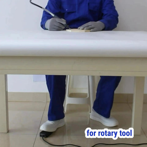 Person using foot switch pedal momentary normally off press and hold to on 10 ft cord for hands-free rotary tool operation.