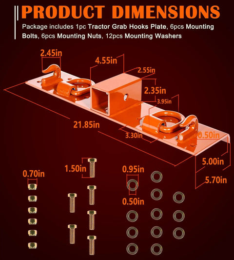 Diagram of Bolt On Tractor Grab Hooks For Kubota Buckets With D Rings 2In Receiver Orange with dimensions and components shown.