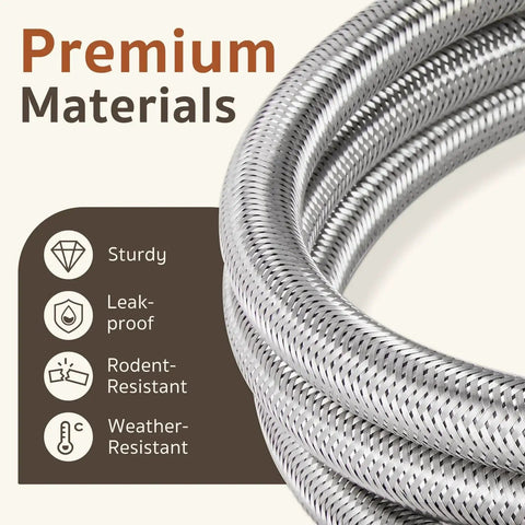 Close-up of five-foot stainless braided hose for adjustable 0-30 PSI propane regulator, showing durable and chew-proof design for outdoor use.