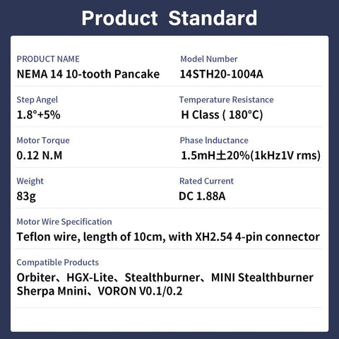 Product standard specifications for Upgraded NEMA 14 36mm Pancake Stepper Motor with 10 Tooth Gears for 3D Printer Extruder.