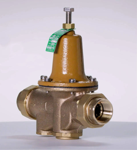 Front view: Watts LF25AUB-Z3 water pressure reducing valve, 3/4 in brass body with orange cap and NPT female unions