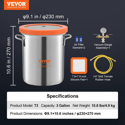 VEVOR 3 Gallon stainless steel vacuum chamber with orange lid; includes gauge, filter elements, silicone pad and hose.