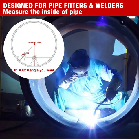 Welder using Versatile Pipe Center Finder Anblak Pipe Fitting Tool with diagram for pipe center and angle measurement shown.