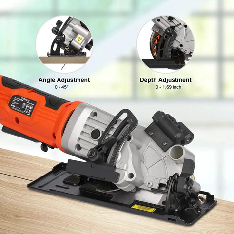 Powerful 4 Amp Mini Circular Saw with laser guide, showing angle and depth adjustment features.