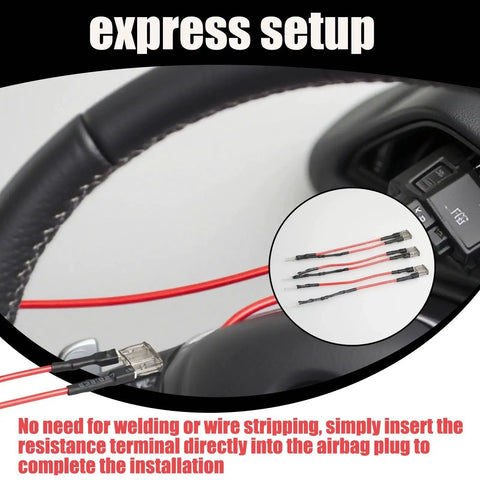 Three-piece SRS airbag resistor kit with red wires and inline connectors for quick-release steering wheel installs