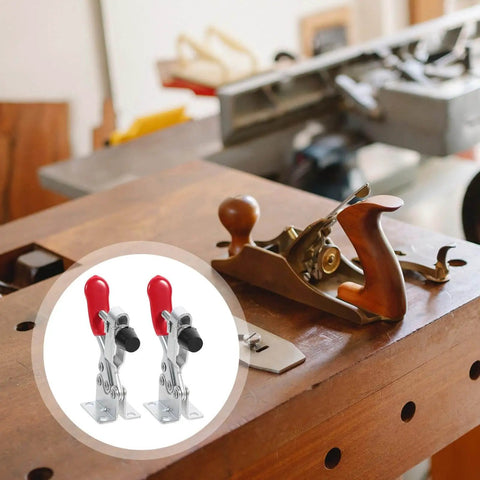 10 Piece Quick Release Toggle Clamps Set For Woodworking And Welding Fixtures, shown on a woodworking bench with tools in background.