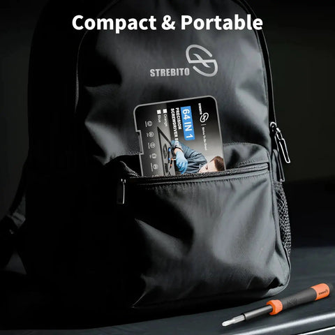 64 In 1 Magnetic Precision Screwdriver Kit For Electronics Repair in backpack pocket, emphasizing portable design