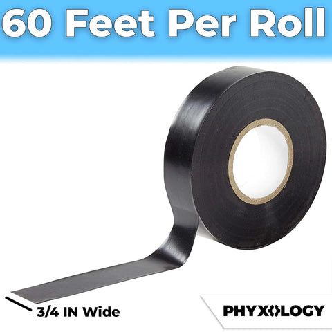 Black electrical tape on a roll, 3/4 inch wide, 60 ft per roll, weather-resistant PVC vinyl.