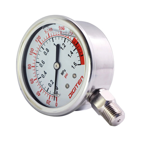 DIGITEN water pressure gauge for RO systems, 0–1.6 MPa (0–220 psi), 1/4" threaded connection, metal housing