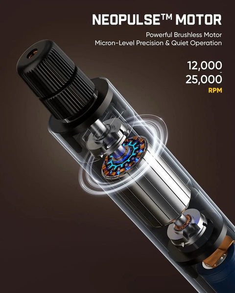 Cutaway view of cordless engraving pen kit motor highlighting brushless design and quiet operation for artists and DIYers.