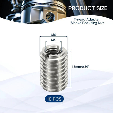 HiPicco stainless steel thread adapter sleeve reducing nut set, 10 pcs, M6x1 male to M4x0.7 female, 15 mm length