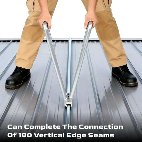 Person using 2 In 1 Hand Seamer Roofing Tool For Standing Seam Edging And Sheet Metal Bending on metal roof panel