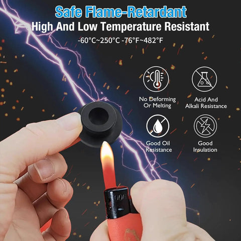 Testing heat resistance of silicone plug with a lighter, highlighting flame-retardant properties. Set Of 6 White Silicone Rubber Plugs For 30 To 31 Mm Round Holes Waterproof Soft Flexible T Type Seal Plugs For Tubes And Pipes Snap On End Caps End Covers Stoppers 37x10x31.3 Mm Each.
