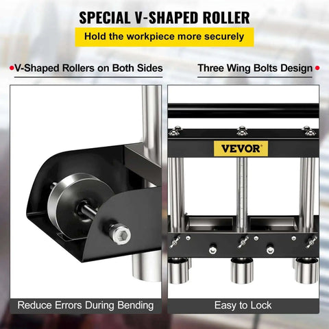 Close-up of Three Station Edge Roller Bender for Sheet Metal Fabrication, adjustable heights, V-shaped rollers, black and silver finish