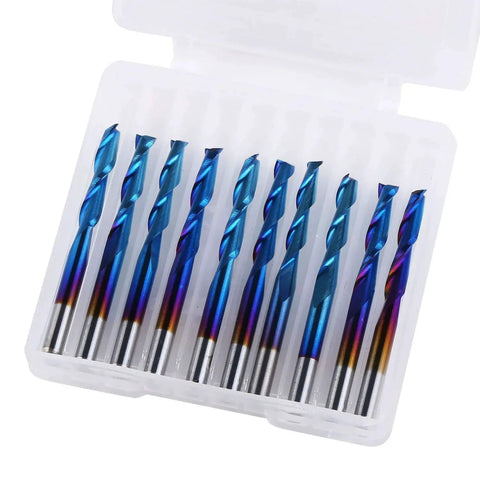 Ultra Sharp 10 Piece Nano Blue Coat Flat Nose End Mill Set For CNC Router Bits One Eighth Inch Shank Upcut Two Flute End Mills