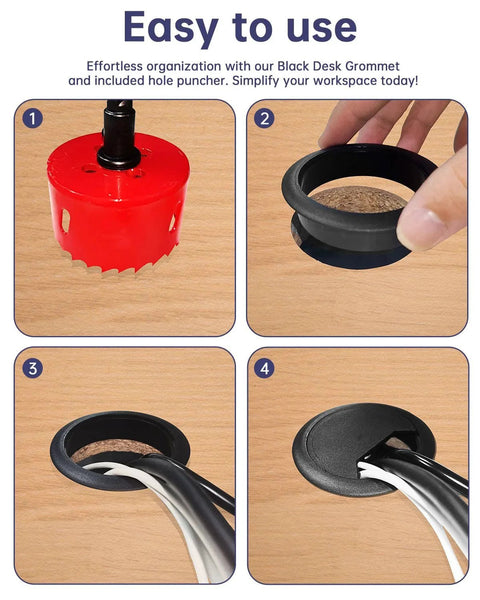 2 Inch Desk Grommet And Cable Grommet Kit Black 10 Pack With 2 Inch Hole Saw for cable management, showing installation steps