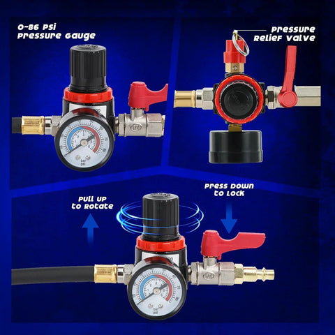 Turbo System Leakage Tester Kit with pressure gauge and relief valve close-up for turbocharger boost lines