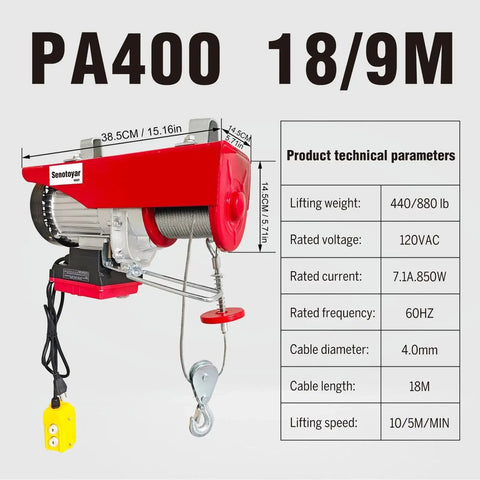 Side view of Two In One Electric Hoist Winch 1880lbs with specifications chart, yellow wired remote, and cable system.